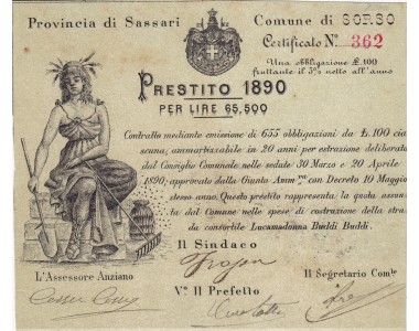 Comune di Sorso Obbligazione da 100 Lire 1890
